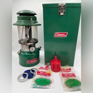 Vintage 1977 Coleman 335 Sport-Lite Camping Lantern w OEM Steel Case, Funnel +